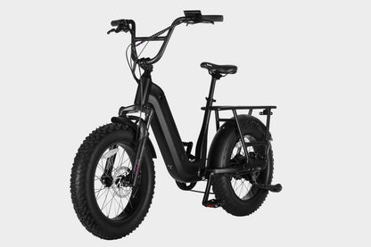 45-degree angle view of Black Samsung/LG 48V15Ah electric cargo fat tire bike with Bafang 500W motor and 45+ mile range. Ideal for effortless cargo transport.