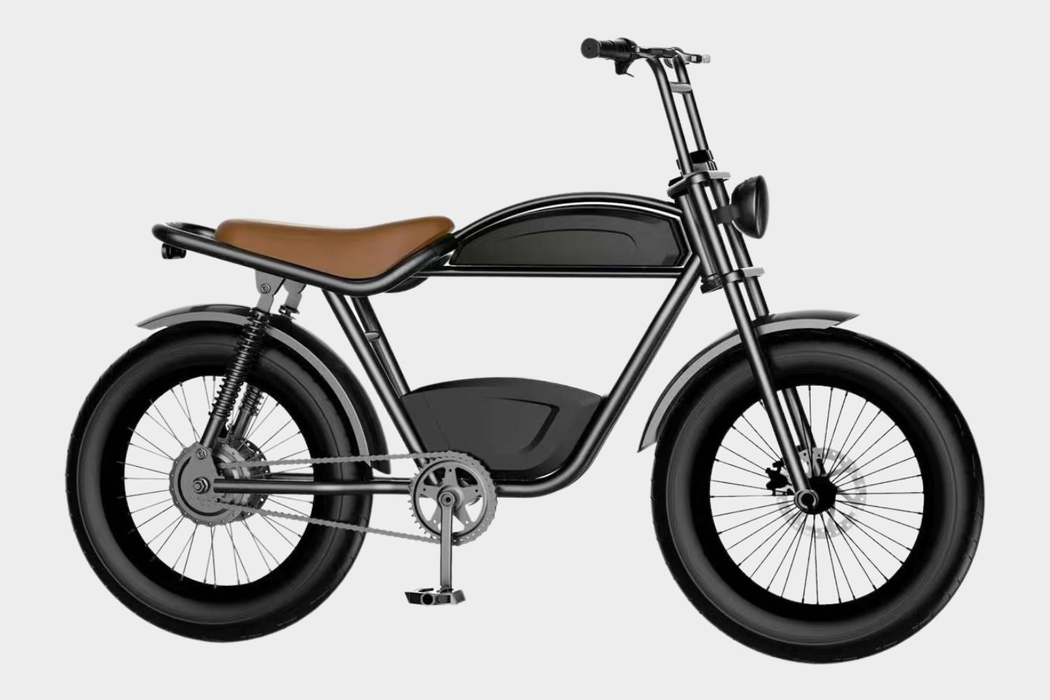 Side view of DAMAXED Black electric fat tire bike with brown leather saddle, LG 48V15Ah battery, Bafang 750W motor. Top speed 29+ MPH, 45+ mile range.