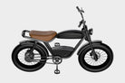 Overhead view of the DAMAXED Black electric fat tire bike with brown leather saddle. Equipped with a LG 48V15Ah battery and Bafang 750W motor for a top speed of 29+ MPH and a range of 45+ miles.