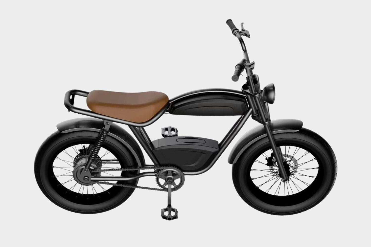 Overhead view of the DAMAXED Black electric fat tire bike with brown leather saddle. Equipped with a LG 48V15Ah battery and Bafang 750W motor for a top speed of 29+ MPH and a range of 45+ miles.