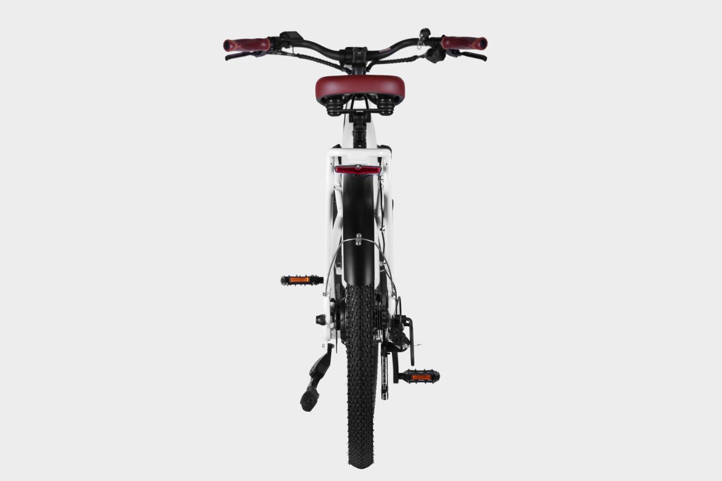 White DAMAXED electric city bike with brown leather saddle, 9-speed, Ananda M100 motor, LG 48V14Ah battery.  Back view showing rear rack and fenders.