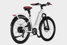 45-degree side view of white DAMAXED electric city bike with brown leather saddle, 9-speed, Ananda M100 motor, LG 48V14Ah battery.