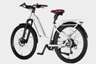 45-degree side view of white DAMAXED electric city bike with brown leather saddle, 9-speed, Ananda M100 motor, LG 48V14Ah battery.