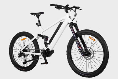 45-degree angle view of DAMAXED electric mountain bike, equipped with a Bafang M600 Mid-drive Motor 500W, 9-speed derailleur, and LG 48V14Ah battery. Top speed of 24+ MPH and 45-mile range per charge.