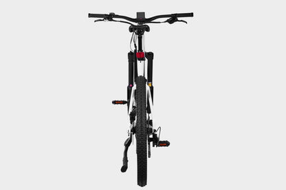 DAMAXED electric mountain bike, equipped with a Bafang M600 Mid-drive Motor 500W, 9-speed derailleur, and LG 48V14Ah battery. Top speed of 24+ MPH and 45-mile range per charge. Back view showing rear rack and fenders.