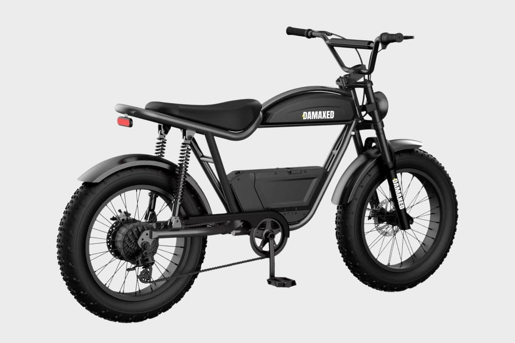 45-degree angle view of DAMAXED Black electric fat tire bike, LG 48V15Ah battery, Bafang 750W motor. 29+ MPH top speed, 45+ mile range.